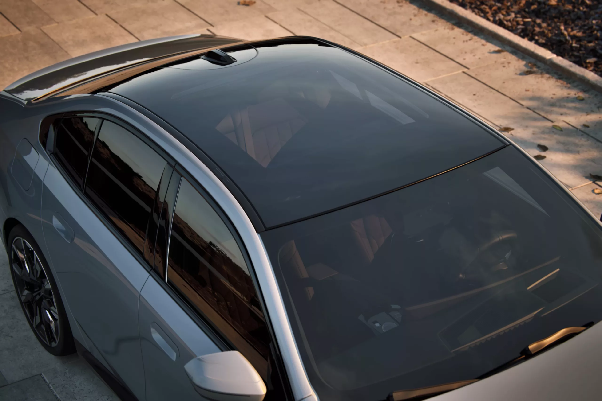 Interior The Sky Lounge Panoramic Roof On The Bmw I5 Sedan