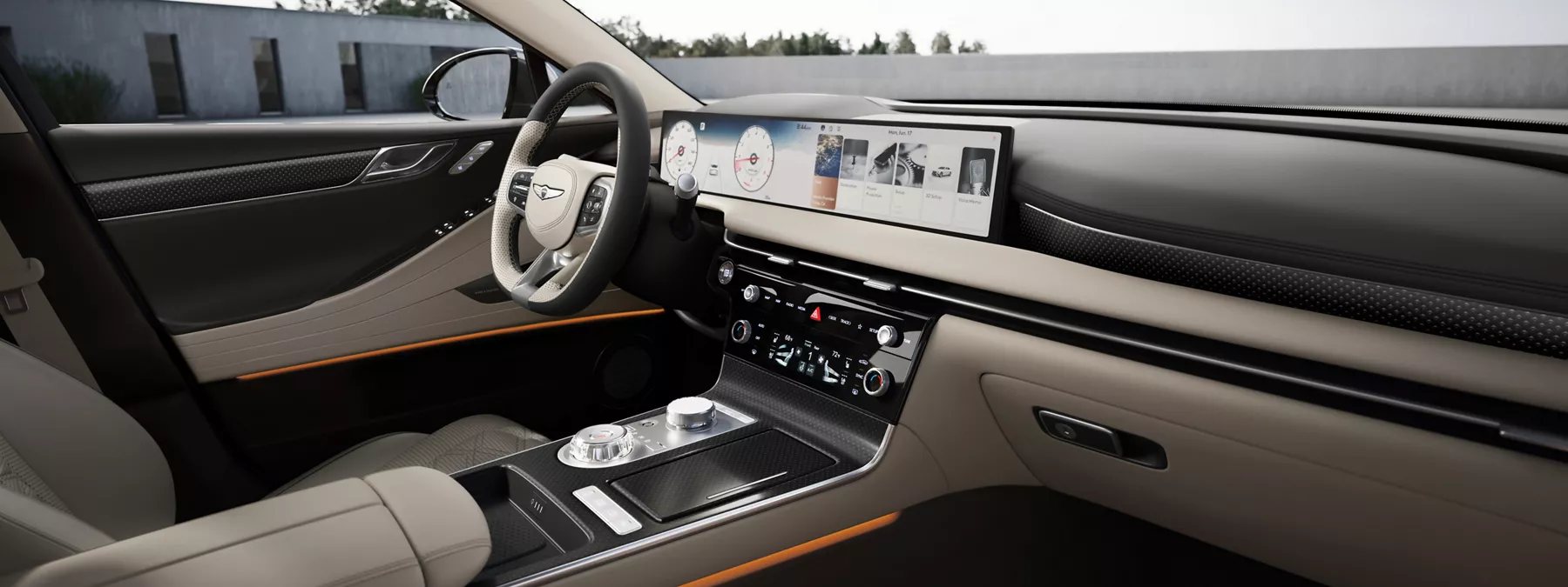 Interior Front Passenger Pov Of Genesis G80 Interior In Beige Leather