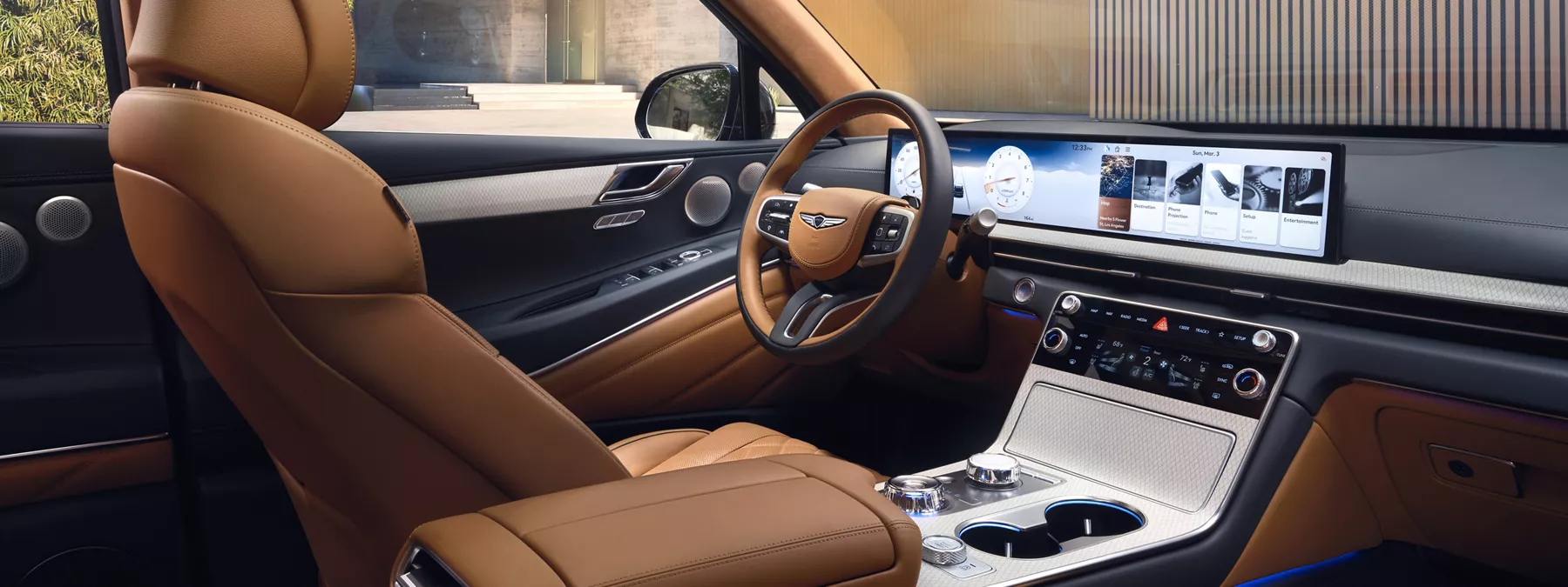 Interior Genesis Gv80 Interior With Tan Leather Seats Highlighting Wide O