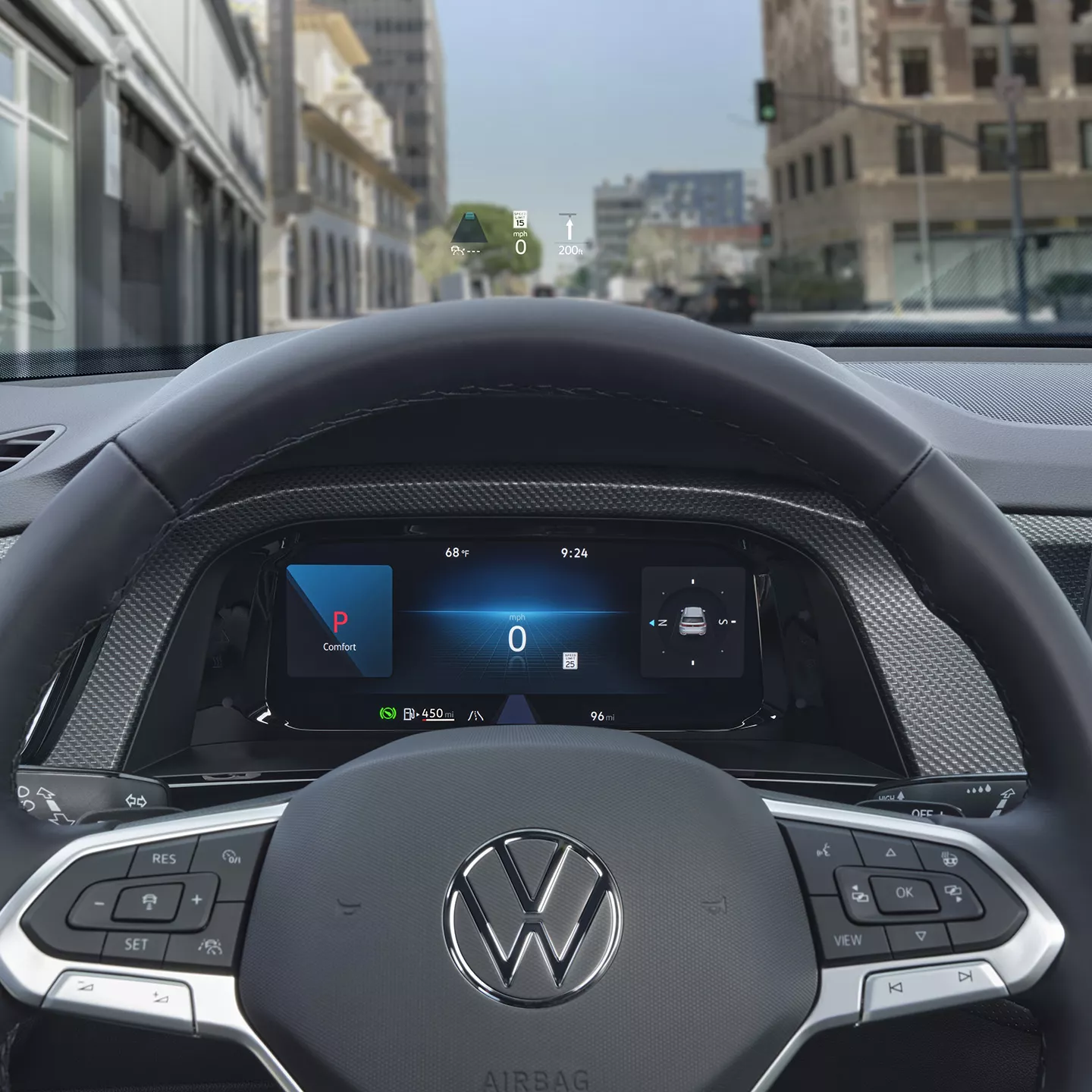 Interior Close Up View Of The Steering Wheel And Volkswagen Digital Cockpit In Fu